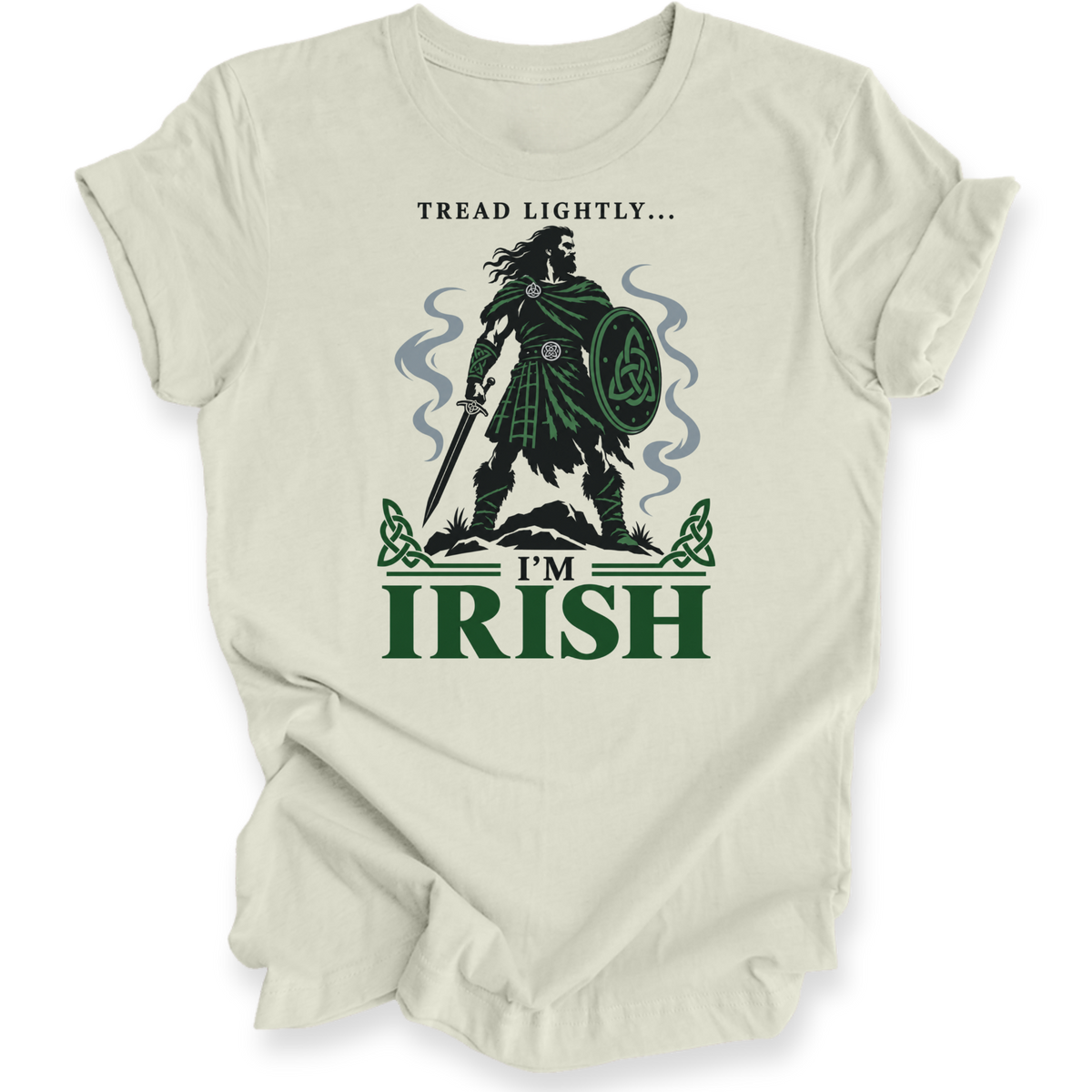 A citron crewneck t-shirt with a graphic print of a Irish tartan warrior holding a shield and sword, accompanied by the text 'Tread lightly I'm Irish".