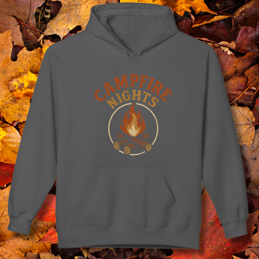 Gray hoodie with 'Campfire Nights' design on a background of autumn leaves