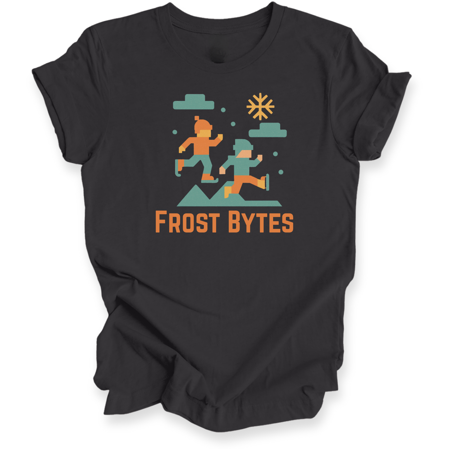Dark Grey t-shirt with 'Frost Bytes' graphic design on a white background