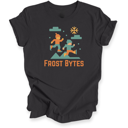 Dark Grey t-shirt with 'Frost Bytes' graphic design on a white background