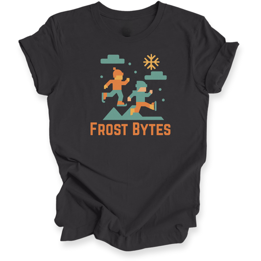 Dark Grey t-shirt with 'Frost Bytes' graphic design on a white background