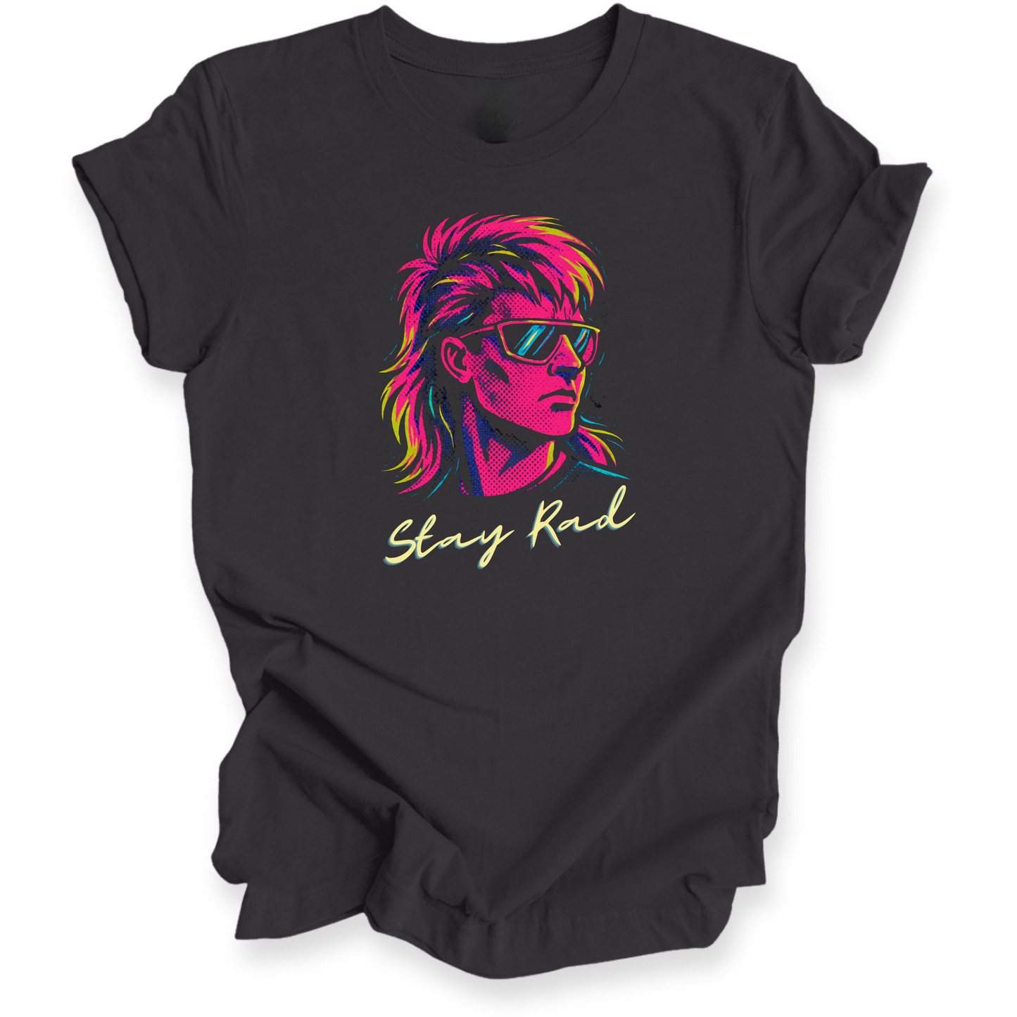 Black t-shirt with colorful graphic and 'Stay Rad' text on a white background