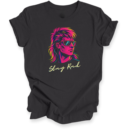 Black t-shirt with colorful graphic and 'Stay Rad' text on a white background