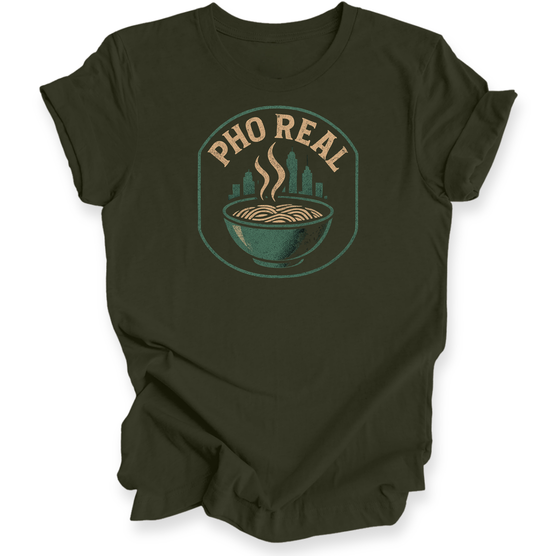 Green t-shirt with 'Pho Real' graphic design on a white background