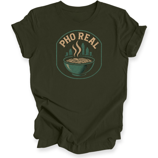 Green t-shirt with 'Pho Real' graphic design on a white background