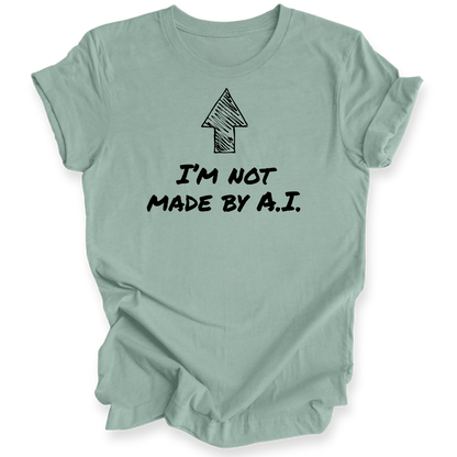 A teal short-sleeve t-shirt with a black graphic print featuring an arrow and the text 'I'M NOT MADE BY A.I.