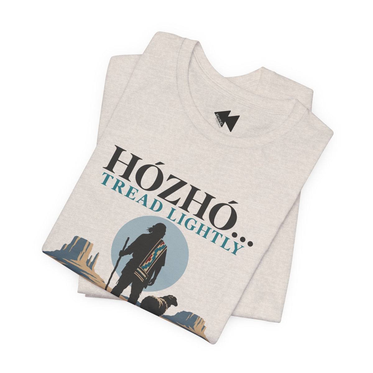 A folded light heather gray t-shirt with a graphic print that reads 'HÓZHÓ.