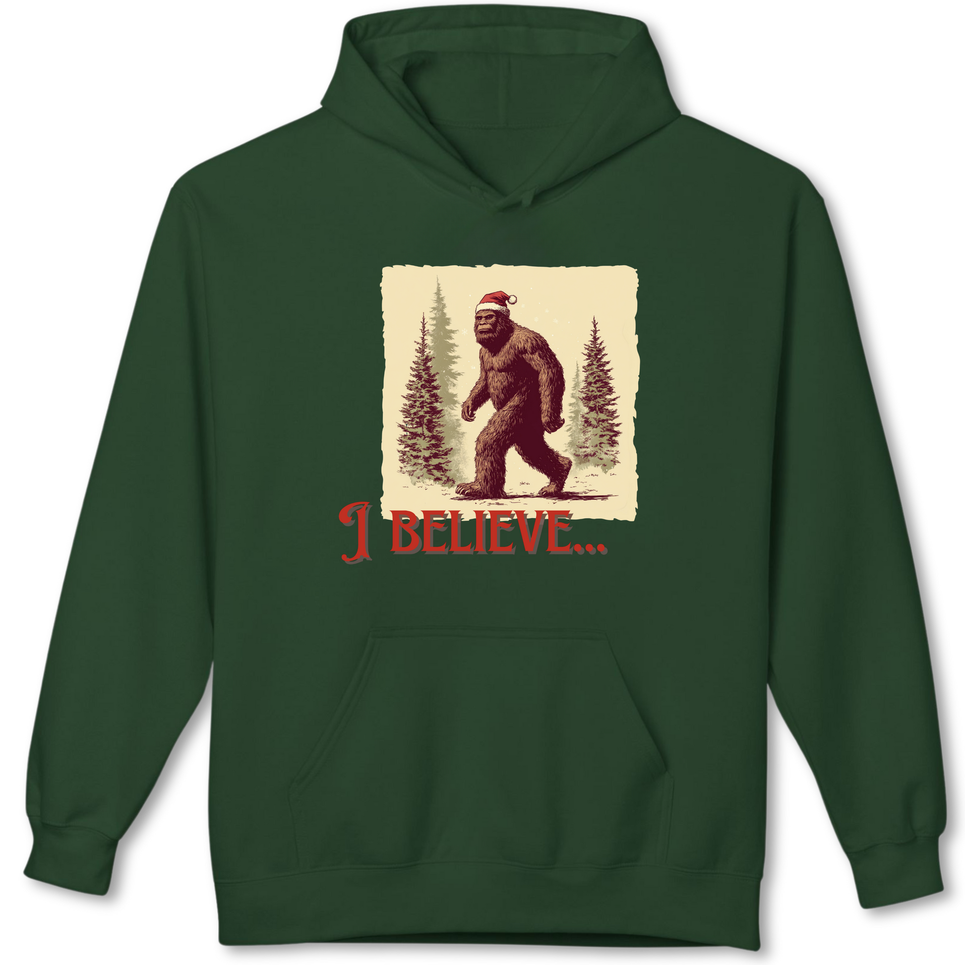 Green hoodie with a graphic of a Sasquatch wearing a Santa hat and 'I Believe' text on a beige background.