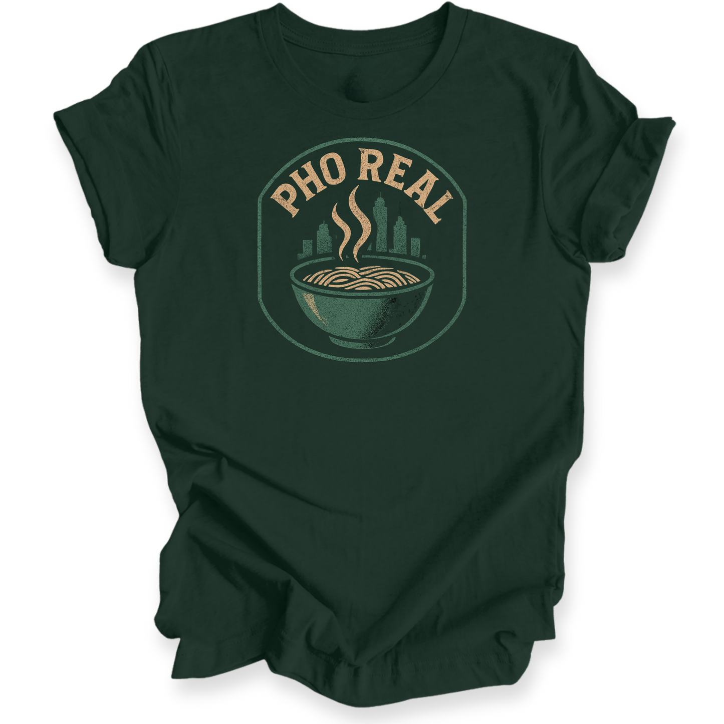 Green t-shirt with 'Pho Real' graphic design on a white background
