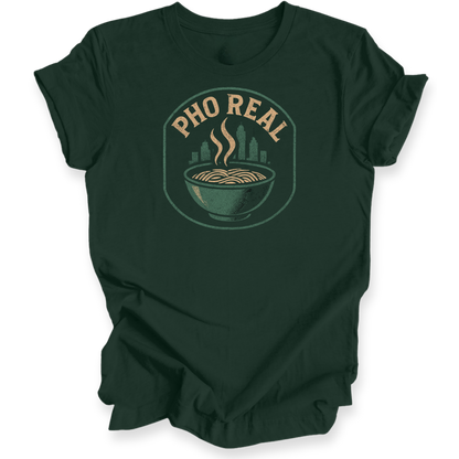 Green t-shirt with 'Pho Real' graphic design on a white background
