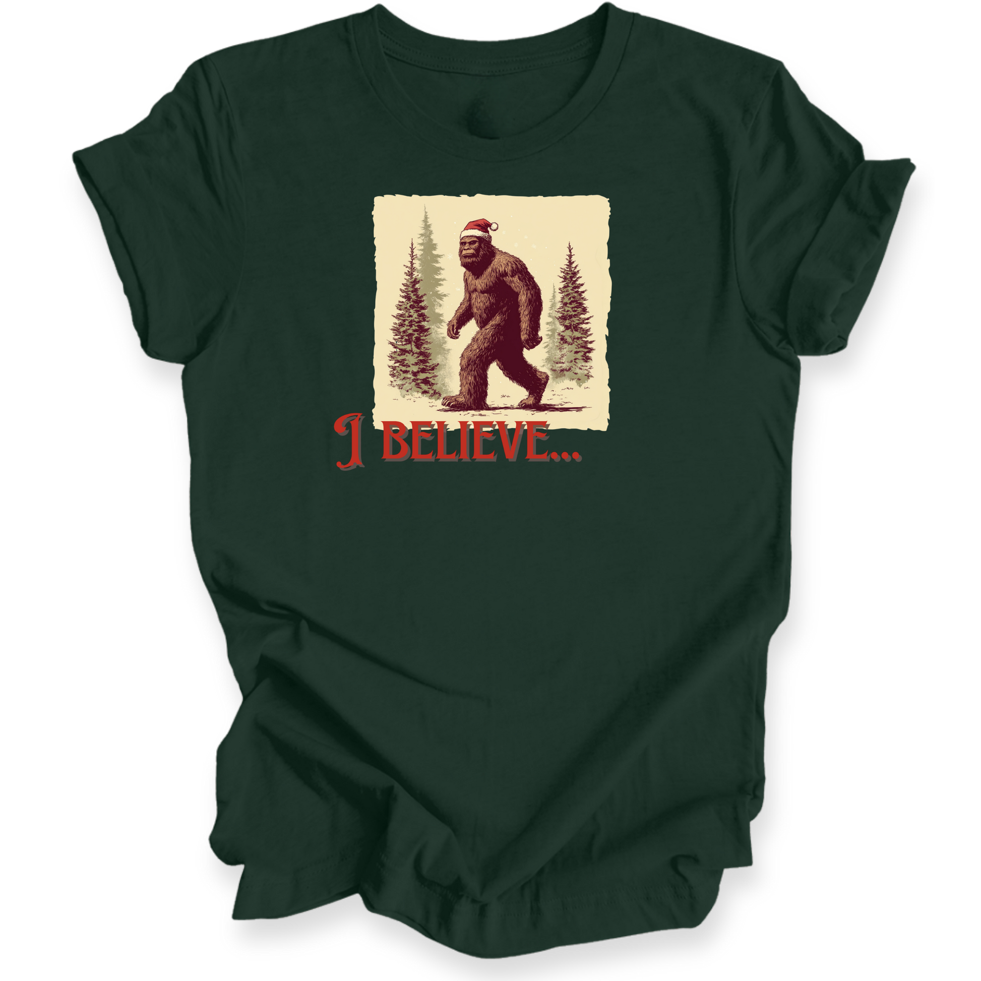 Dark green t-shirt with a graphic of a bear wearing a Santa hat and the text 'I BELIEVE...' on a white background.