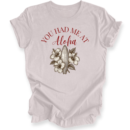 Heather Cool Grey t-shirt with 'You Had Me at Aloha' text and floral design on a white background