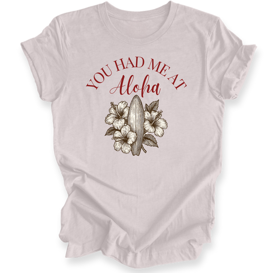 Heather Cool Grey t-shirt with 'You Had Me at Aloha' text and floral design on a white background