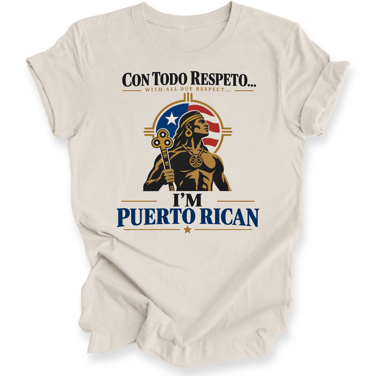 A light beige crewneck t-shirt with a graphic print on the front. The graphic features a stylized portrait of a man with a feathered headdress holding a key, set against a circular Puerto Rican flag motif.