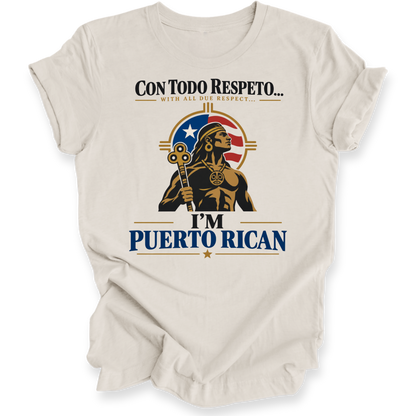 A light beige crewneck t-shirt with a graphic print on the front. The graphic features a stylized portrait of a man with a feathered headdress holding a key, set against a circular Puerto Rican flag motif.