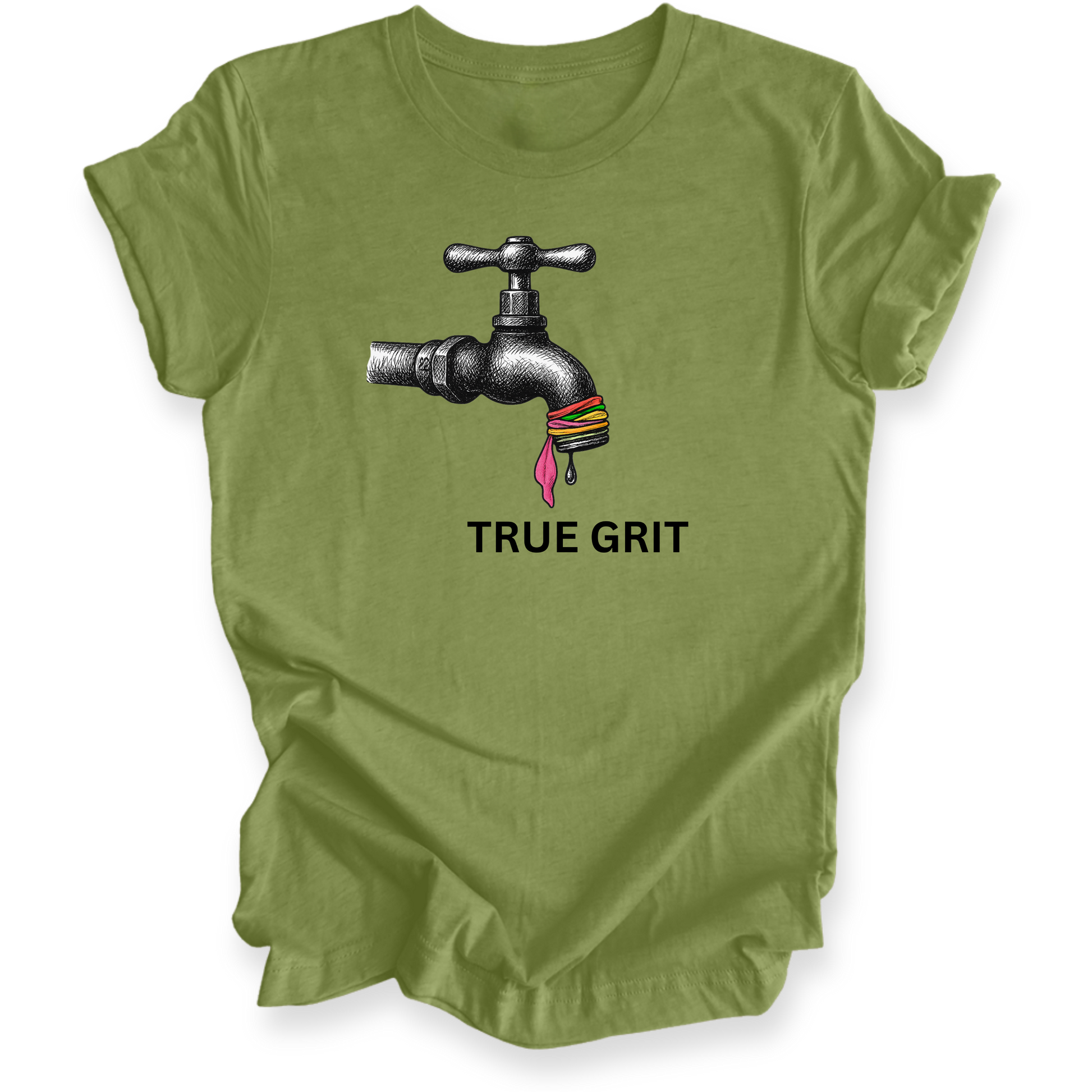 Green t-shirt with a graphic of a faucet and 'True Grit' text on a white background