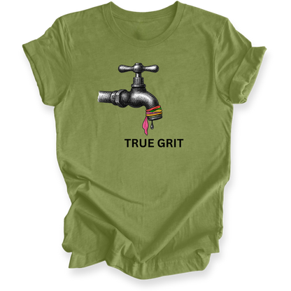 Green t-shirt with a graphic of a faucet and 'True Grit' text on a white background