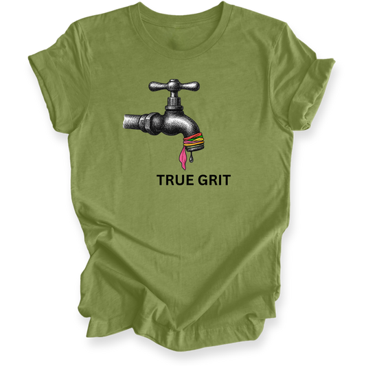 Green t-shirt with a graphic of a faucet and 'True Grit' text on a white background