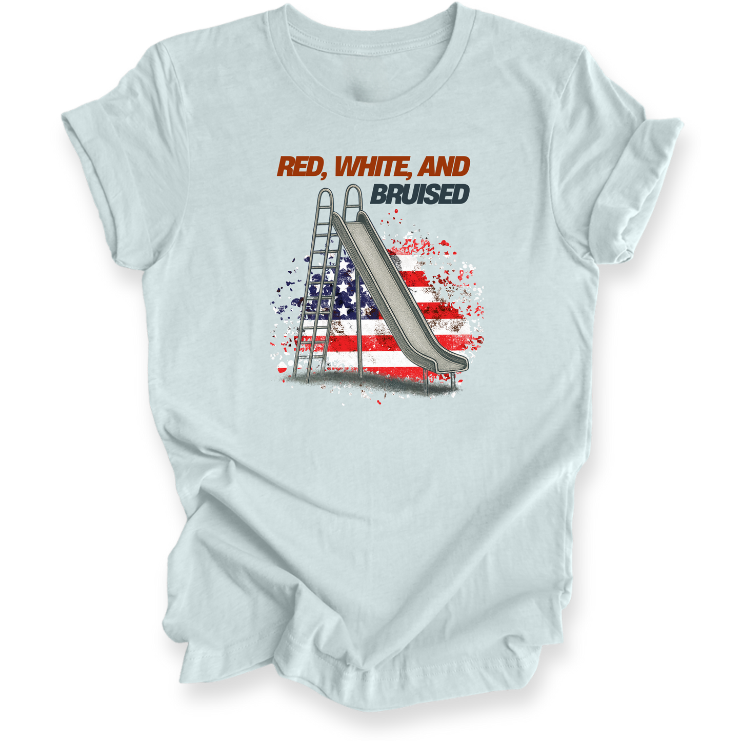 Light blue t-shirt with graphic design and text 'Red, White, and Bruised' on a white background