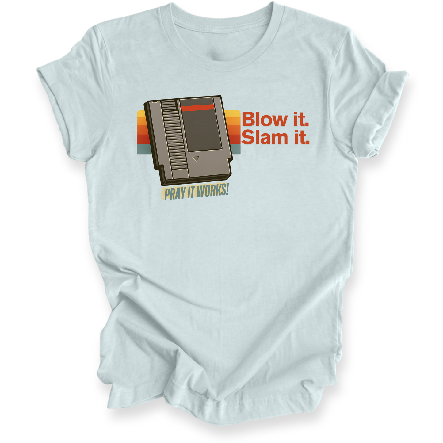 Light blue t-shirt with retro gaming console graphic and text on a white background