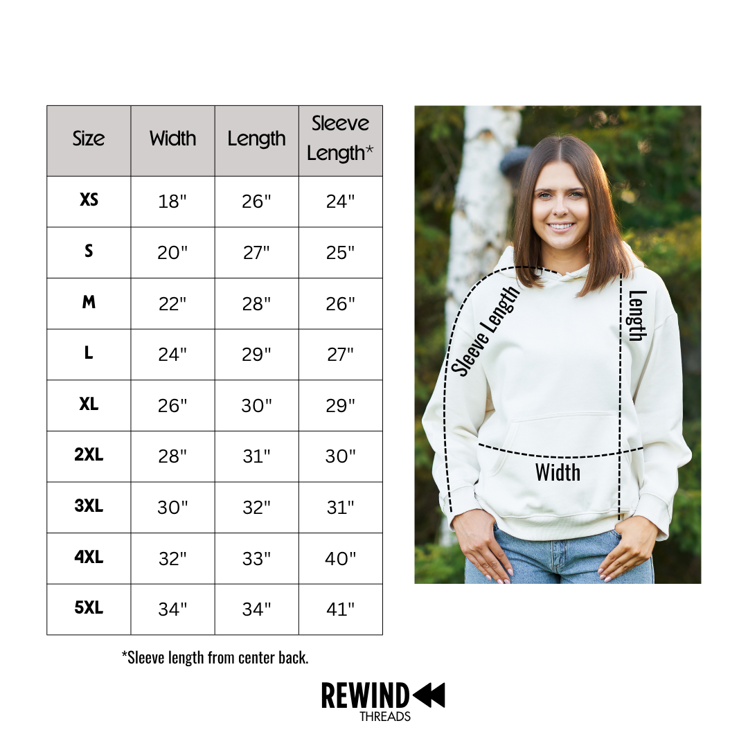 A size chart and model photo for a hoodie. The left side shows a size table from XS to 5XL with width, length, and sleeve length measurements.