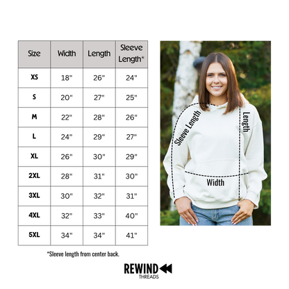 A size chart and model photo for a hoodie. The left side shows a size table from XS to 5XL with width, length, and sleeve length measurements.