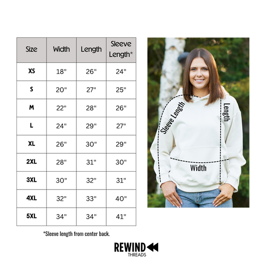 A size chart and model photo for a hoodie. The left side shows a size table from XS to 5XL with width, length, and sleeve length measurements.