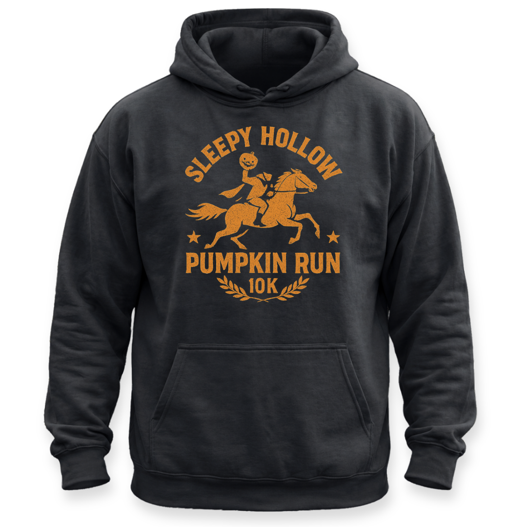 A black pullover hoodie with a distressed orange graphic on the chest reading 'SLEEPY HOLLOW PUMPKIN RUN 10K' featuring an illustration of a person riding a horse and a pumpkin. The hoodie is shown against a plain white background.