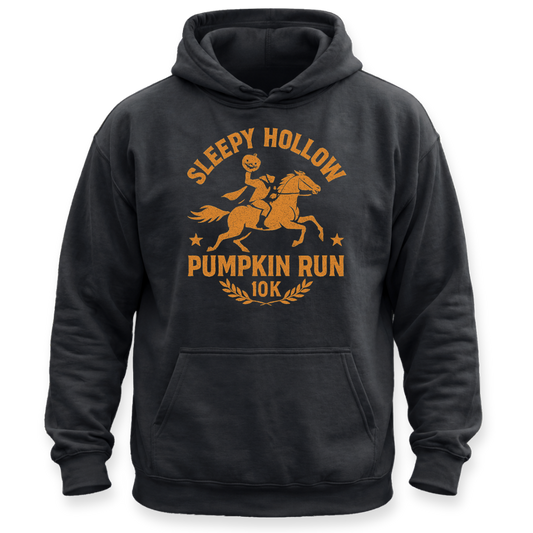 A black pullover hoodie with a distressed orange graphic on the chest reading 'SLEEPY HOLLOW PUMPKIN RUN 10K' featuring an illustration of a person riding a horse and a pumpkin. The hoodie is shown against a plain white background.