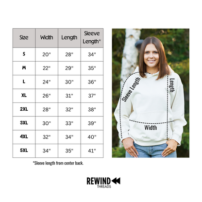 Measurement chart for a hoodie with a person wearing the hoodie and labeled measurements.