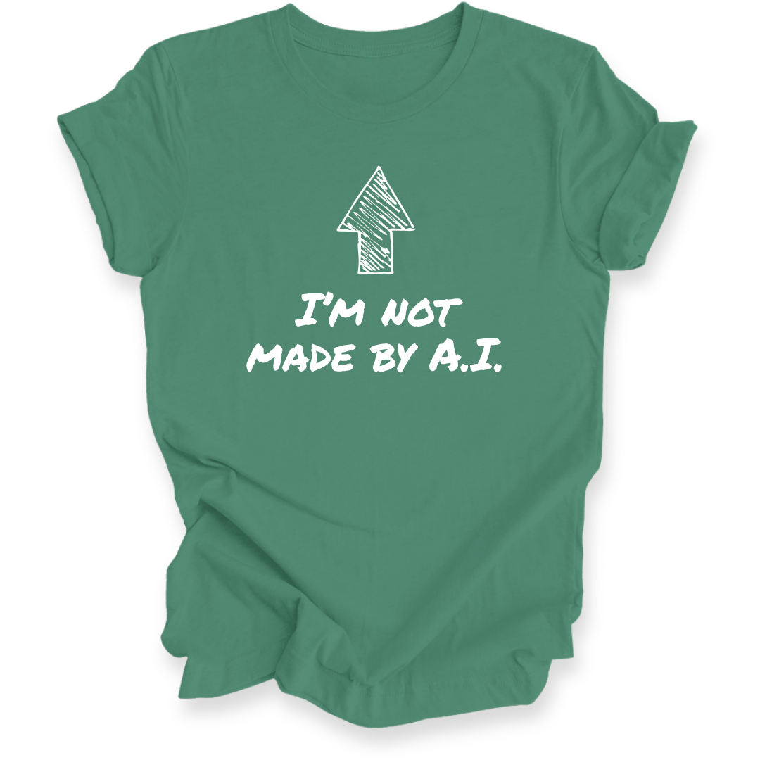 A leaf green short-sleeve t-shirt with a black graphic print featuring an arrow and the text 'I'M NOT MADE BY A.I.