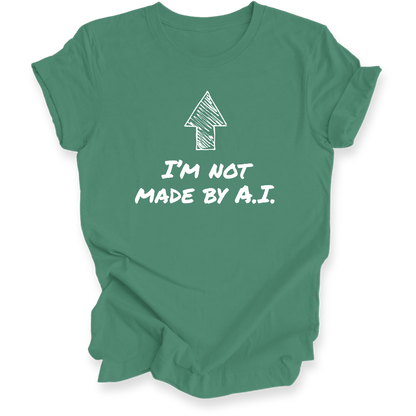 A leaf green short-sleeve t-shirt with a black graphic print featuring an arrow and the text 'I'M NOT MADE BY A.I.