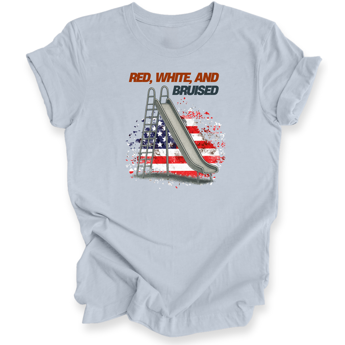 Light blue t-shirt with graphic design of a slide and American flag, text 'Red, White, and Bruised'.