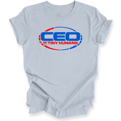 A light blue short-sleeve t-shirt with a graphic on the chest reading 'CEO OF TINY HUMANS' in blue and red inside an oval outline.