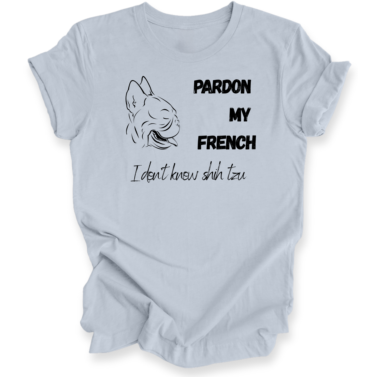 Light blue t-shirt with a graphic of a dog and text on a white background