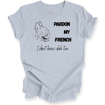 Light blue t-shirt with a graphic of a dog and text on a white background