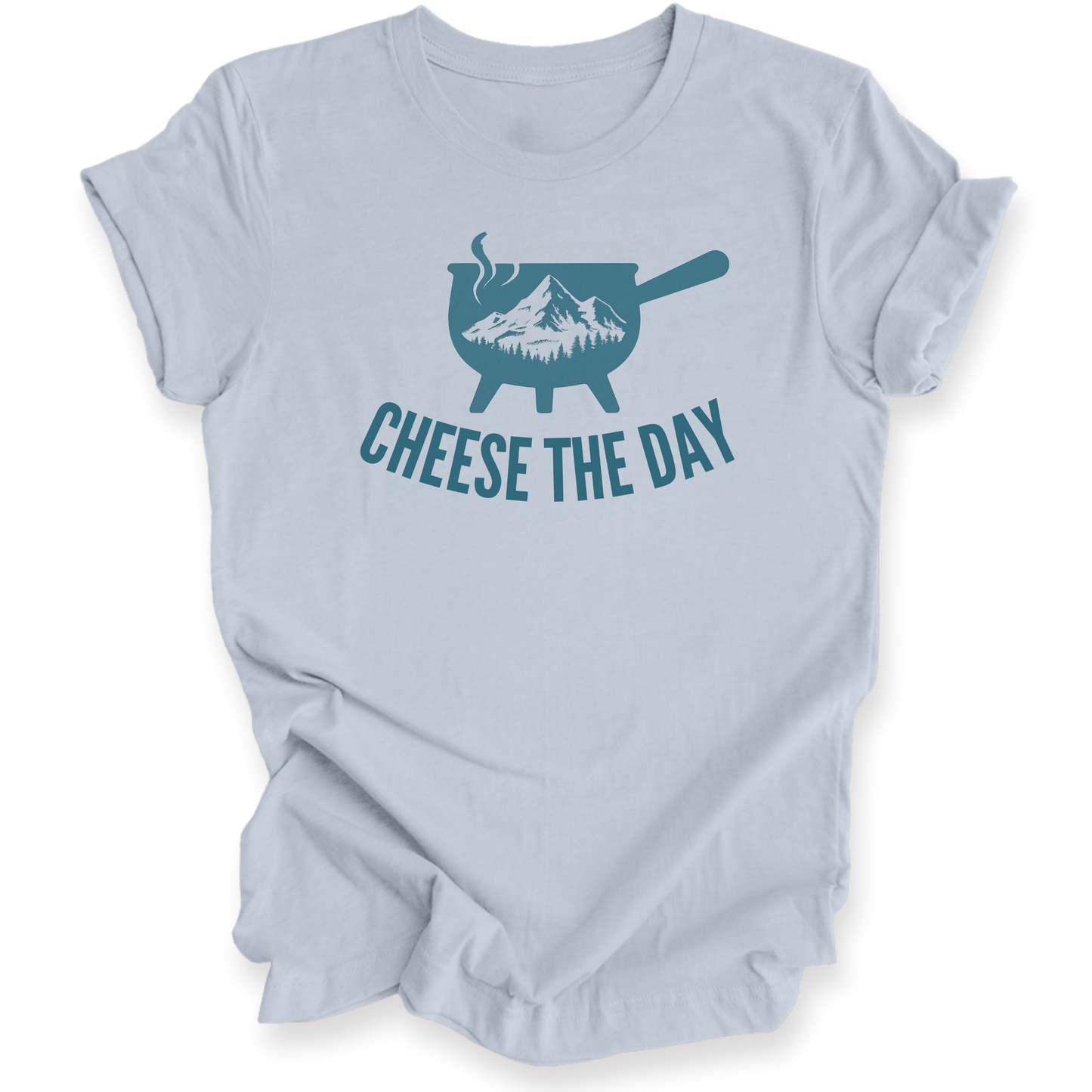 Light blue t-shirt with a graphic design and text 'CHEESE THE DAY' on a white background