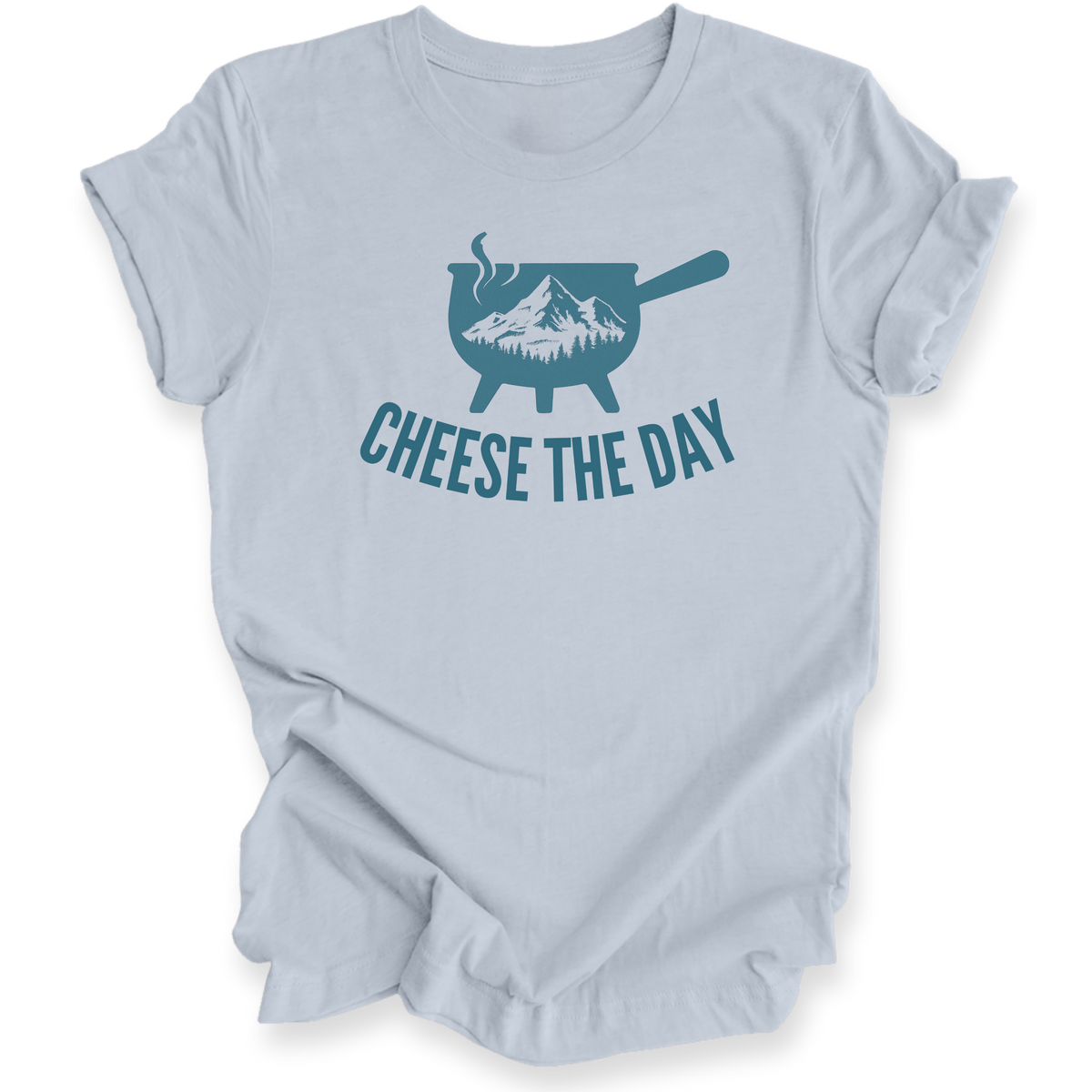 Light blue t-shirt with a graphic design and text 'CHEESE THE DAY' on a white background