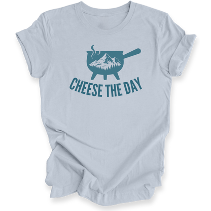 Light blue t-shirt with a graphic design and text 'CHEESE THE DAY' on a white background