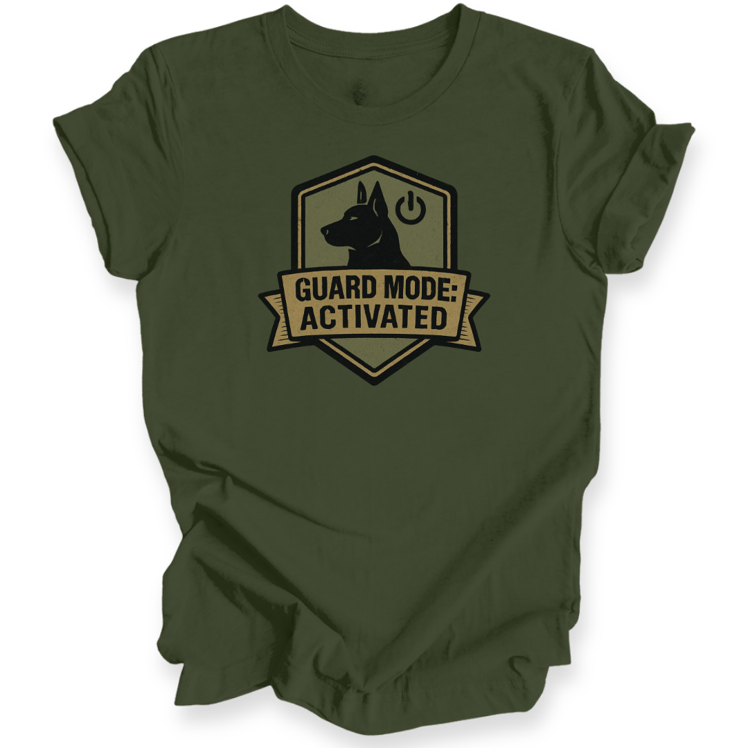 Green t-shirt with 'Guard Mode: Activated' graphic on a white background