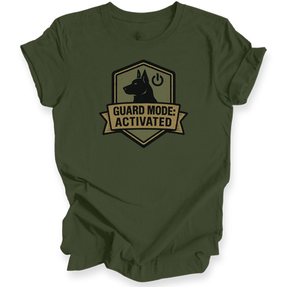 Green t-shirt with 'Guard Mode: Activated' graphic on a white background
