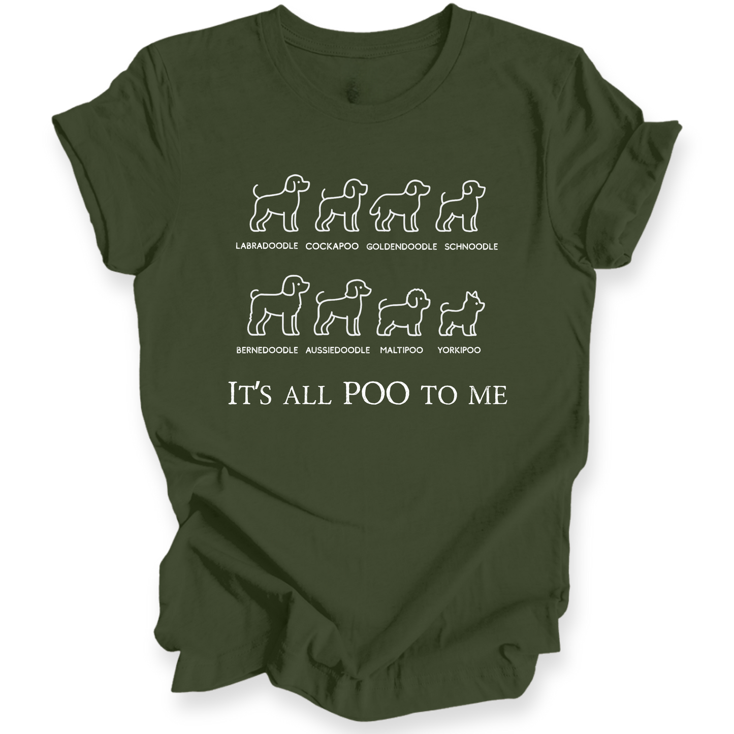 Green t-shirt with white dog breed illustrations and text on a white background