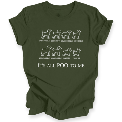 Green t-shirt with white dog breed illustrations and text on a white background