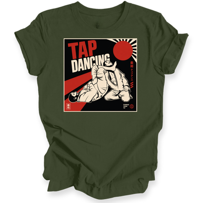 An olive green short-sleeve crewneck t-shirt with a vintage-style graphic print on the chest reading 'TAP DANCING' in red and white, featuring an illustration of two BJJ fighters and a red rising sun.