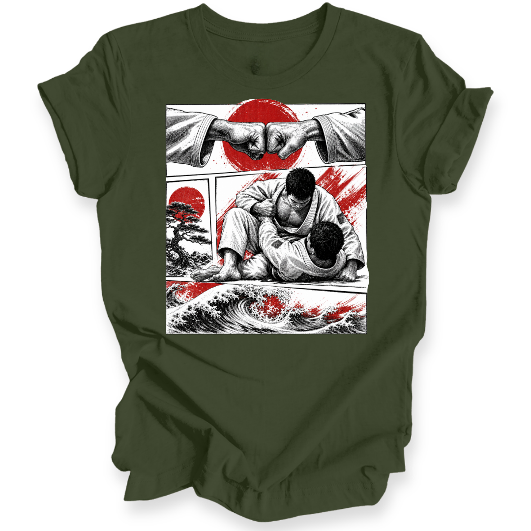 An olive green short-sleeve t-shirt with a graphic print of two martial artists in a gi, set against a red sun and Japanese wave art style background.