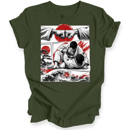 An olive green short-sleeve t-shirt with a graphic print of two martial artists in a gi, set against a red sun and Japanese wave art style background.