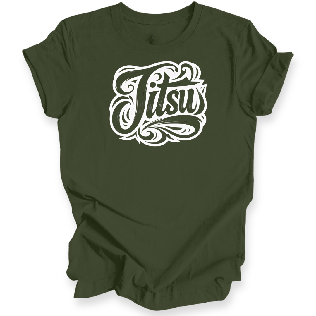An olive green short-sleeve t-shirt with a white stylized graphic on the chest reading 'Jitsu' in an ornate calligraphic font, shown against a plain white background.
