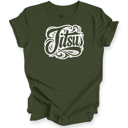 An olive green short-sleeve t-shirt with a white stylized graphic on the chest reading 'Jitsu' in an ornate calligraphic font, shown against a plain white background.