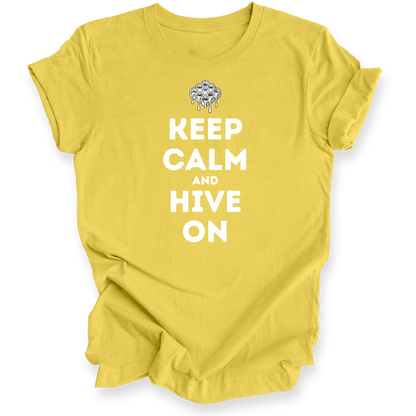 A yellow short-sleeve t-shirt with a white printed graphic that reads 'KEEP CALM AND HIVE ON' with a dripping bee hive illustration above the text, displayed on a clean white background.