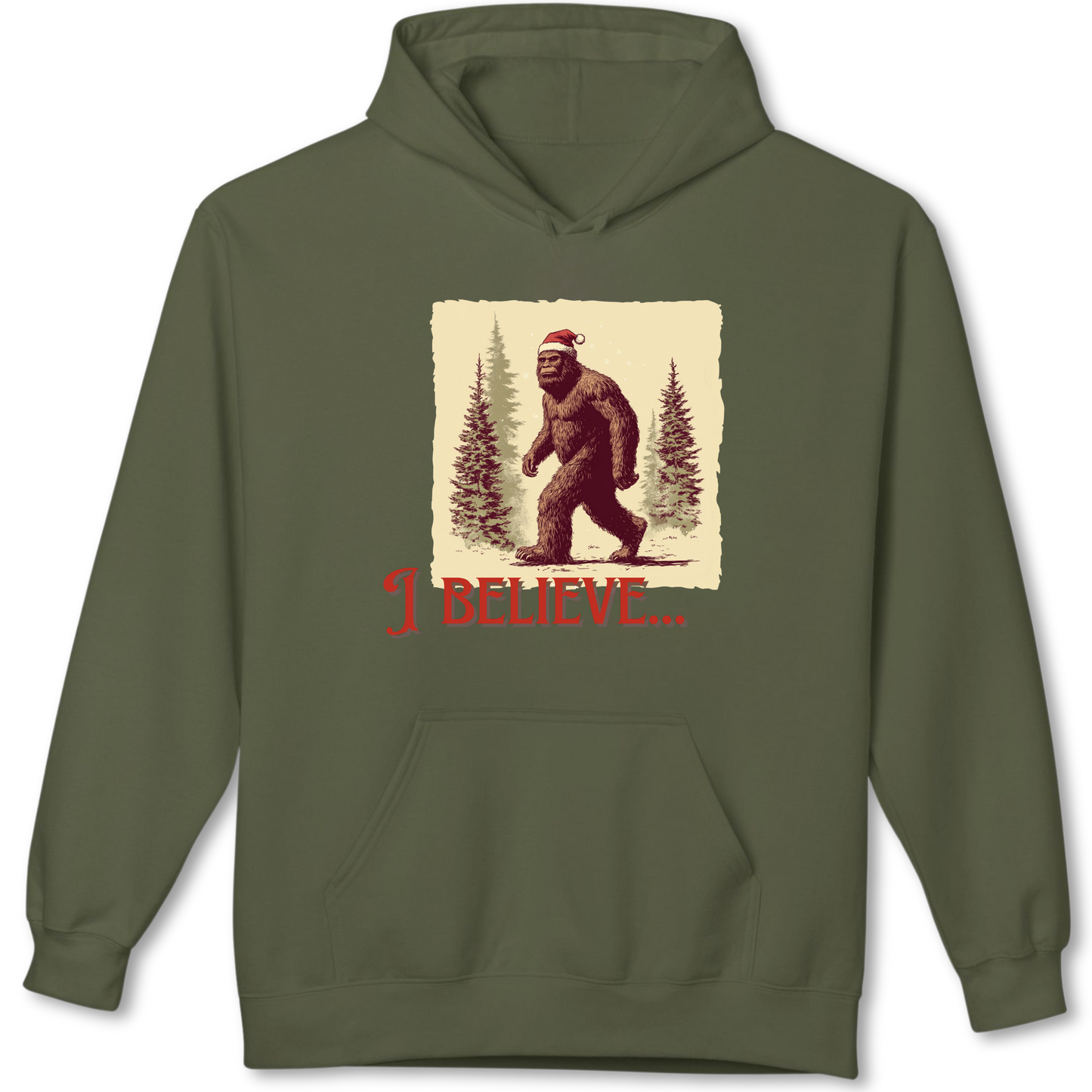Green hoodie with a graphic of a bear wearing a Santa hat and 'I Believe' text on a white background